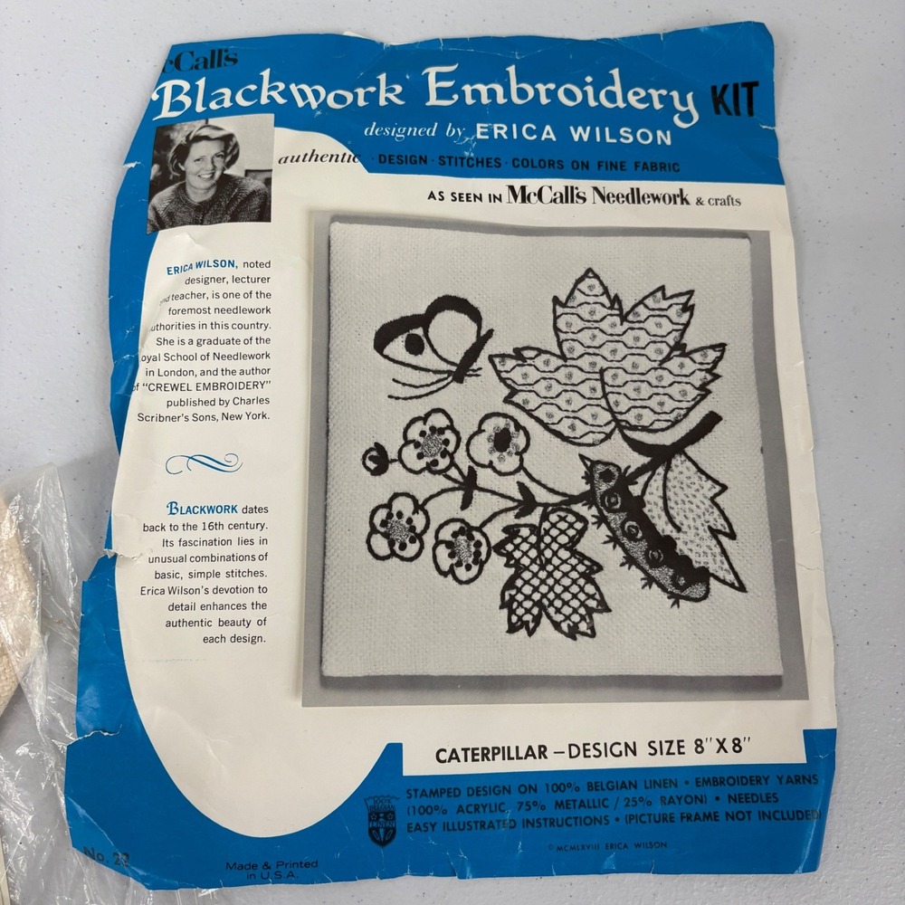 Vintage Erica Wilson Blackwork Embroidery Caterpillar No 22‎ Linen 60s MCM Gold
